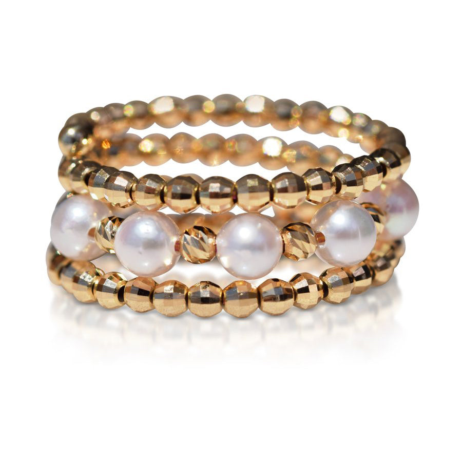 Two-Side Wear Spiral Yellow/Rose/White Gold & Akoya Pearl Ring